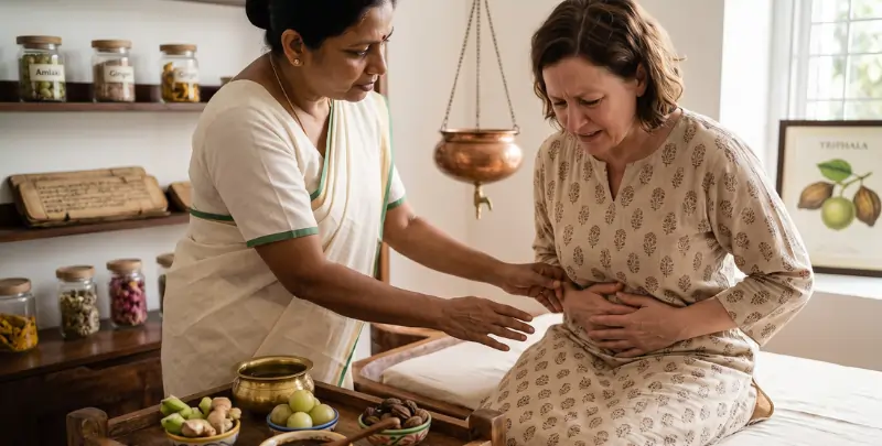 Ayurveda for stomach problems – Ayurvedic doctor providing natural treatment for abdominal pain, acidity, bloating, and digestive disorders