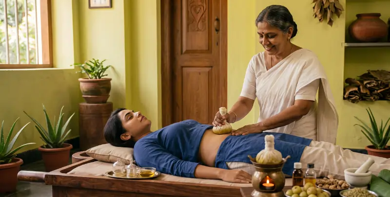 Ayurveda for stomach problems – Ayurvedic therapist performing herbal abdominal treatment for digestion, acidity, bloating, and stomach pain in Kerala.