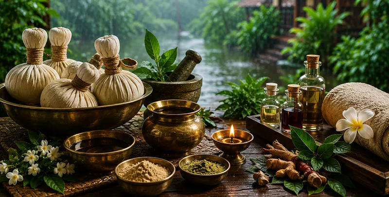 Ayurveda for stomach problems – Ayurvedic therapist performing herbal abdominal treatment for digestion, acidity, bloating, and stomach pain in Kerala.