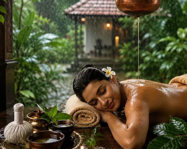 Traditional Karkidaka Chikitsa Ayurvedic oil therapy at a serene Kerala wellness retreat during the monsoon season, featuring Shirodhara treatment and a peaceful natural setting.