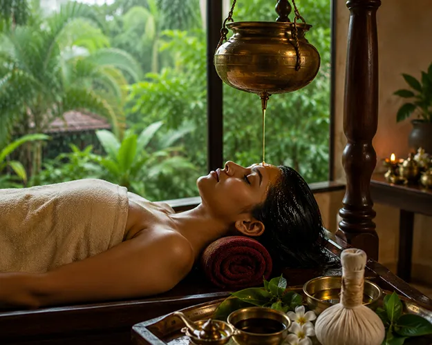 Woman receiving traditional Shirodhara therapy during Karkidaka Chikitsa at a Kerala Ayurvedic wellness center, with warm herbal oil gently poured onto the forehead in a peaceful natural setting.
