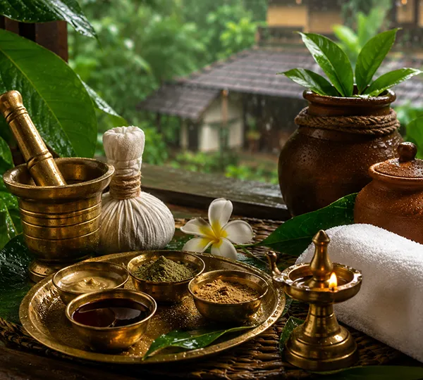 Traditional Kerala Ayurveda herbal therapy setup with medicinal herbs, brass vessels, herbal poultices, massage oils, and a peaceful monsoon landscape, representing Karkidaka Chikitsa wellness treatment.