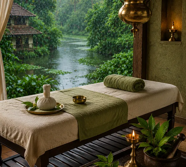 Traditional Kerala Ayurveda treatment room prepared for Karkidaka Chikitsa, featuring a wooden massage table, Shirodhara oil vessel, herbal therapy setup, and a tranquil monsoon landscape.