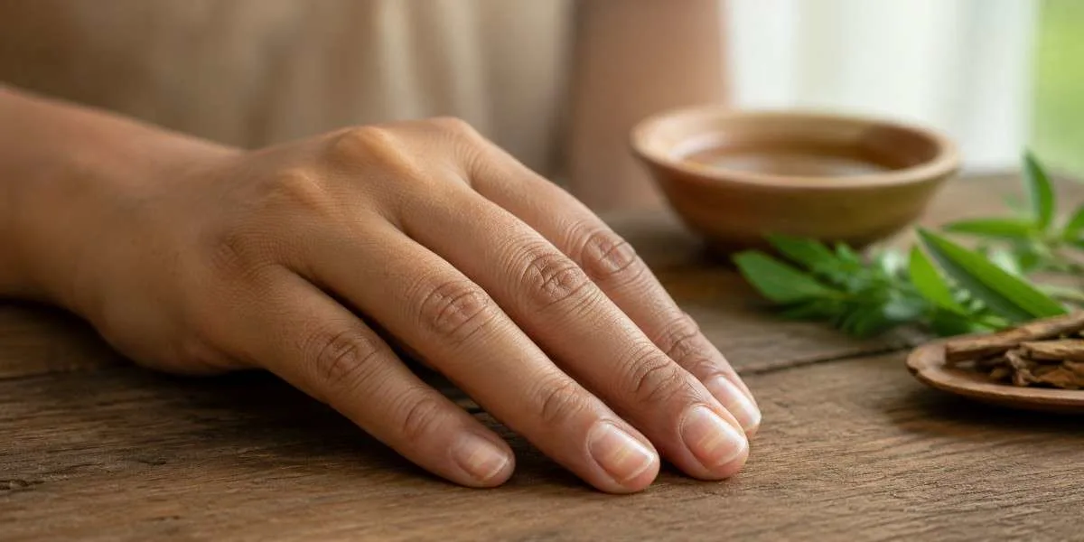 Close-up of a person's hand resting on a wooden table with subtle nail ridging, alongside a softly blurred bowl of Ayurvedic oil and fresh herbs in warm natural light.