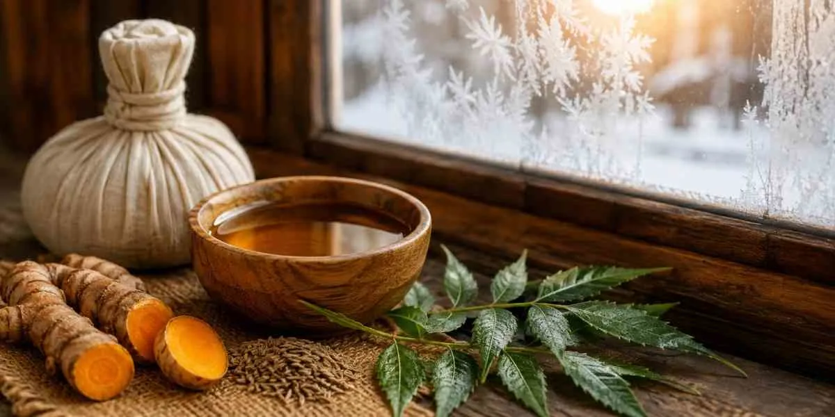 Serene winter Ayurvedic wellness arrangement with golden herbal oil, turmeric, cumin seeds, and fresh neem leaves beside a frosted window on a rustic wooden surface.