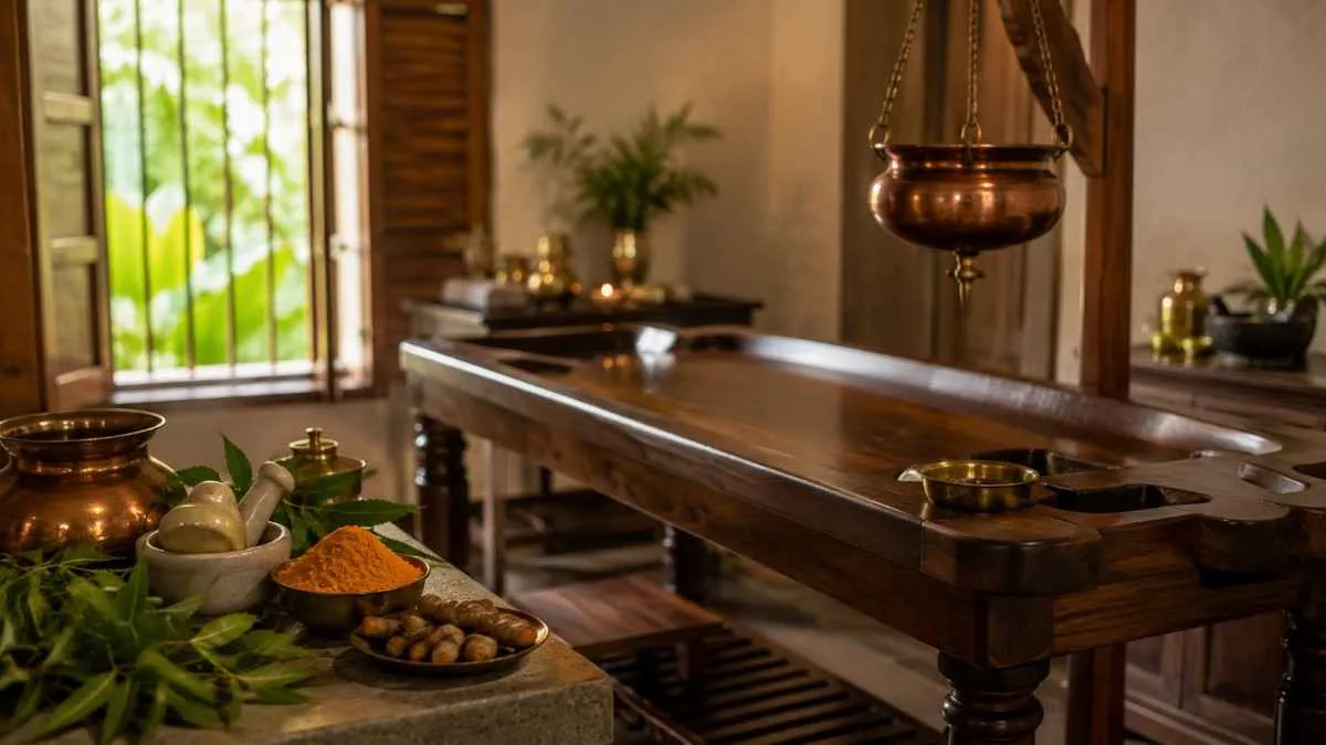 Ayurveda for stomach problems – Ayurvedic therapist performing herbal abdominal treatment for digestion, acidity, bloating, and stomach pain in Kerala.