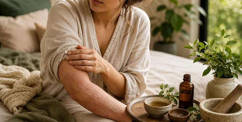 Woman gently caring for psoriasis dry patches on her arm during a daily skincare routine