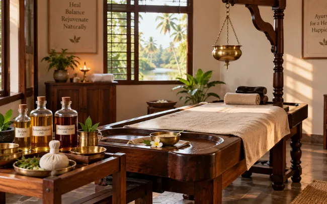 Traditional Kerala Ayurvedic treatment room with herbal oils and a wooden droni for rheumatoid arthritis fatigue