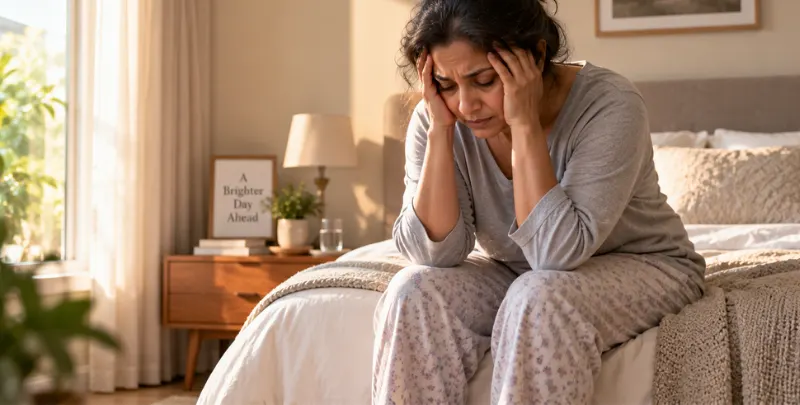 Middle-aged woman experiencing rheumatoid arthritis fatigue while sitting on the edge of a bed in soft morning light