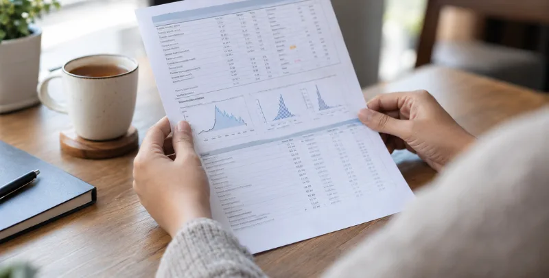 Person holding a medical lab report with charts and numbers related to a rheumatoid factor test, with a cup of tea nearby