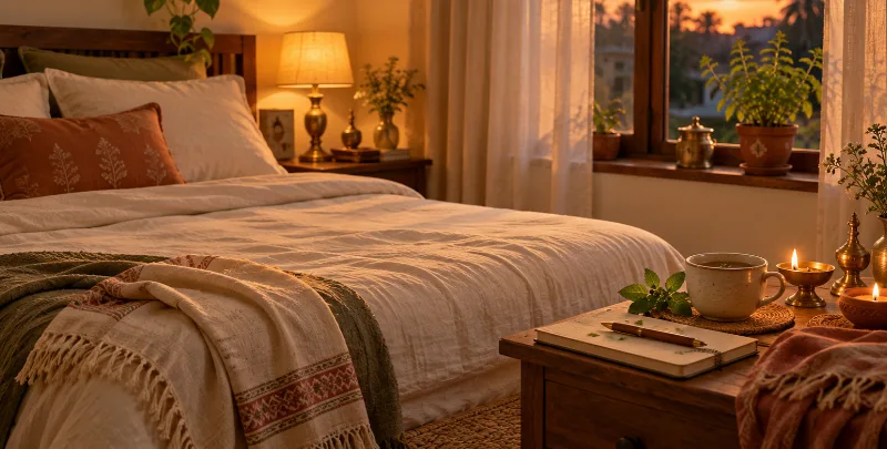 Calm bedroom set up for an Ayurvedic bedtime routine with linen bedding, herbal tea and a journal