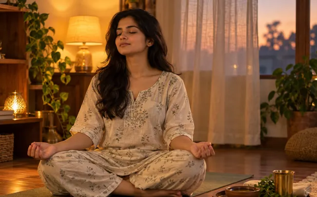Woman meditating on a yoga mat as part of an Ayurvedic bedtime routine at home