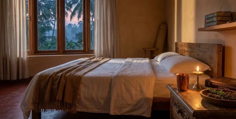 Peaceful bedroom with a brass lamp and herbs by the bed, showing a calm evening routine for nidra in Ayurveda