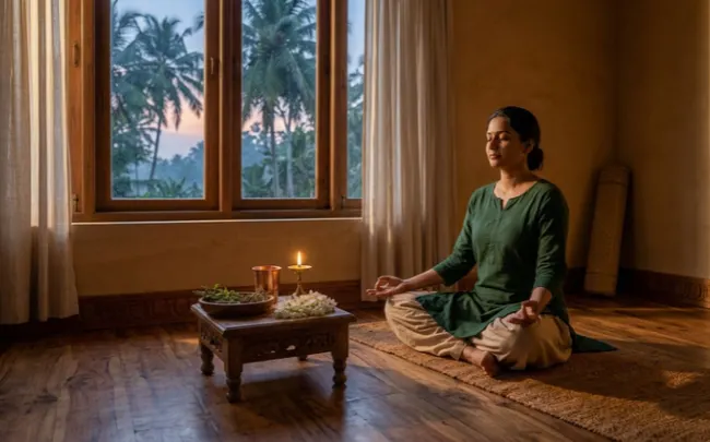 Woman meditating on a yoga mat in the evening, a calming Dinacharya routine that supports nidra in Ayurveda