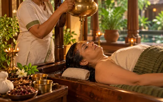 Shirodhara therapy at an Ayurvedic center for sleep issues in menopause