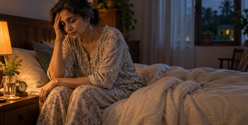 Woman awake at night in bed, showing sleep issues in menopause